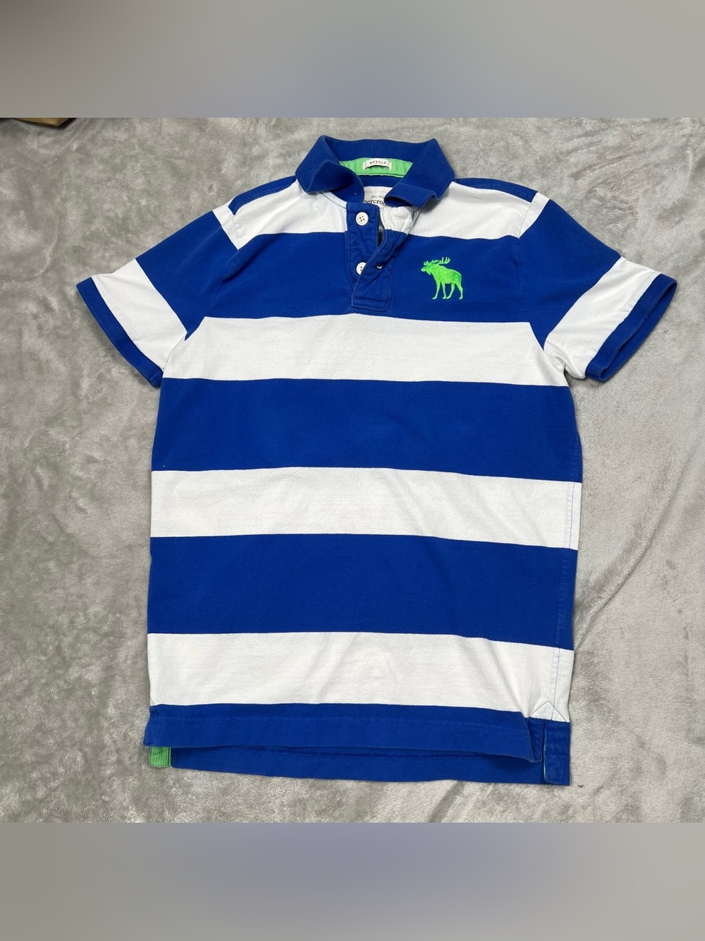 Vintage Abercrombie Fitch Muscle Polo Mens L Blue Striped Rugby Big Moose Y2K